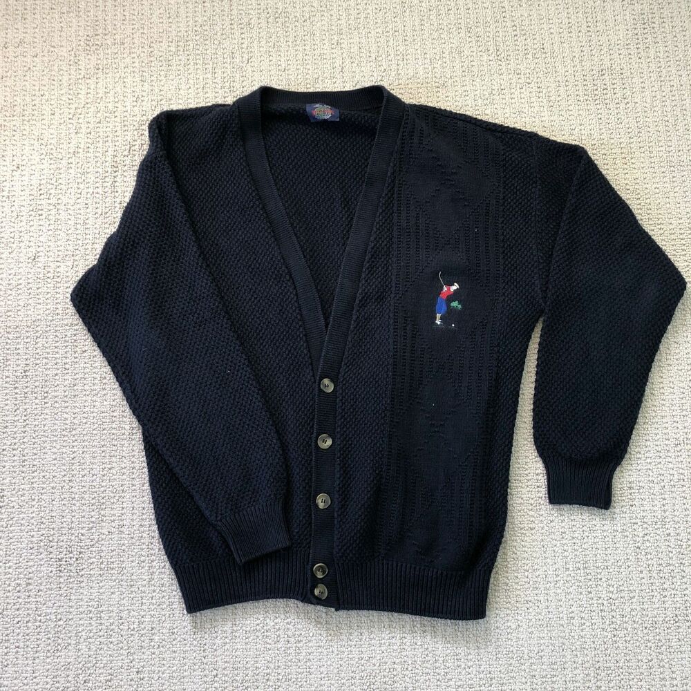 VINTAGE Allen Solly Golf Sweater Cardigan Mens Blue Medium Grandpa Retro